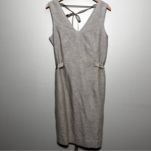 Banana Republic Women Linen Dress 12 Tan Gray Sheath Preppy Summer V-Neck Cotton - Picture 1 of 11